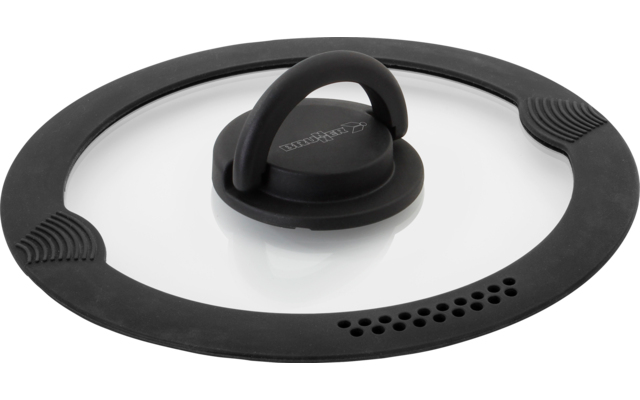 Runder Glasdeckel mit schwarzem Silikonrand und zentralem schwarzen Griff, Reihe kleiner Belüftungsöffnungen