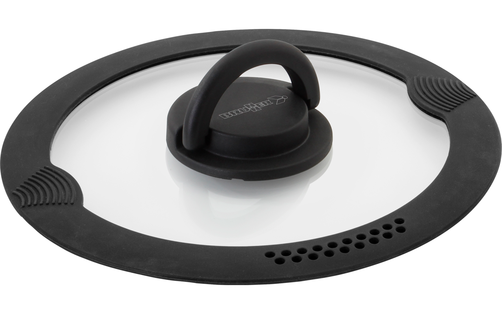 Runder Glasdeckel mit schwarzem Silikonrand und zentralem schwarzen Griff, Reihe kleiner Belüftungsöffnungen