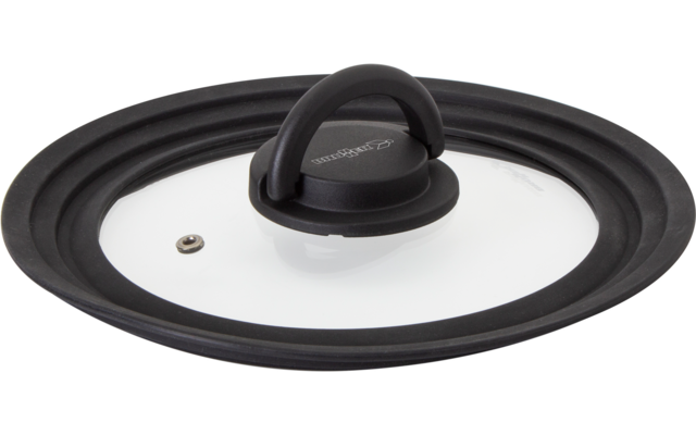 Runder Glasdeckel mit schwarzem Silikonrand, schwarzem Knopf und kleinem Metallventil