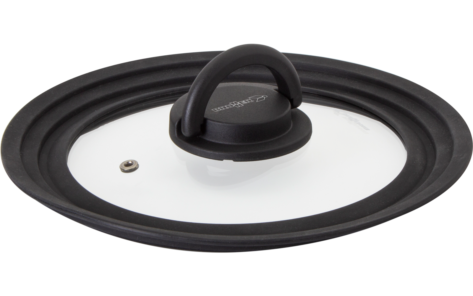 Runder Glasdeckel mit schwarzem Silikonrand, schwarzem Knopf und kleinem Metallventil