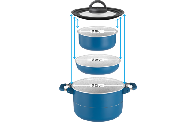 Drei blaue, ineinander gestapelte Töpfe mit weiß gesprenkelten Innenseiten; oben ein Glasdeckel mit Griff; Beschriftungen "Ø 18 cm", "Ø 20 cm", "Ø 22 cm" und blaue Pfeile zeigen die Maße