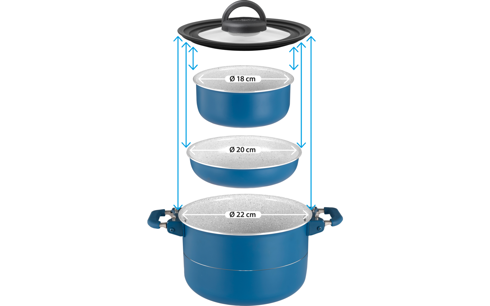 Drei blaue, ineinander gestapelte Töpfe mit weiß gesprenkelten Innenseiten; oben ein Glasdeckel mit Griff; Beschriftungen "Ø 18 cm", "Ø 20 cm", "Ø 22 cm" und blaue Pfeile zeigen die Maße