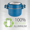 Blauer Topf mit zwei seitlichen Griffen und silbernem Deckel. Darunter Recycling-Symbol mit Dosen-Skizze und dem Text "100% RECYCLED ALUMINIUM"