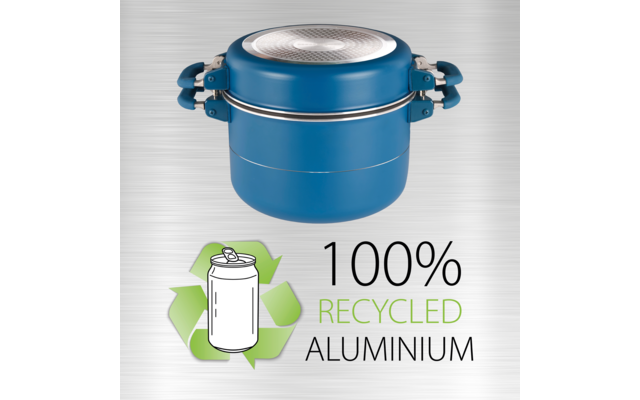 Blauer Topf mit zwei seitlichen Griffen und silbernem Deckel. Darunter Recycling-Symbol mit Dosen-Skizze und dem Text "100% RECYCLED ALUMINIUM"
