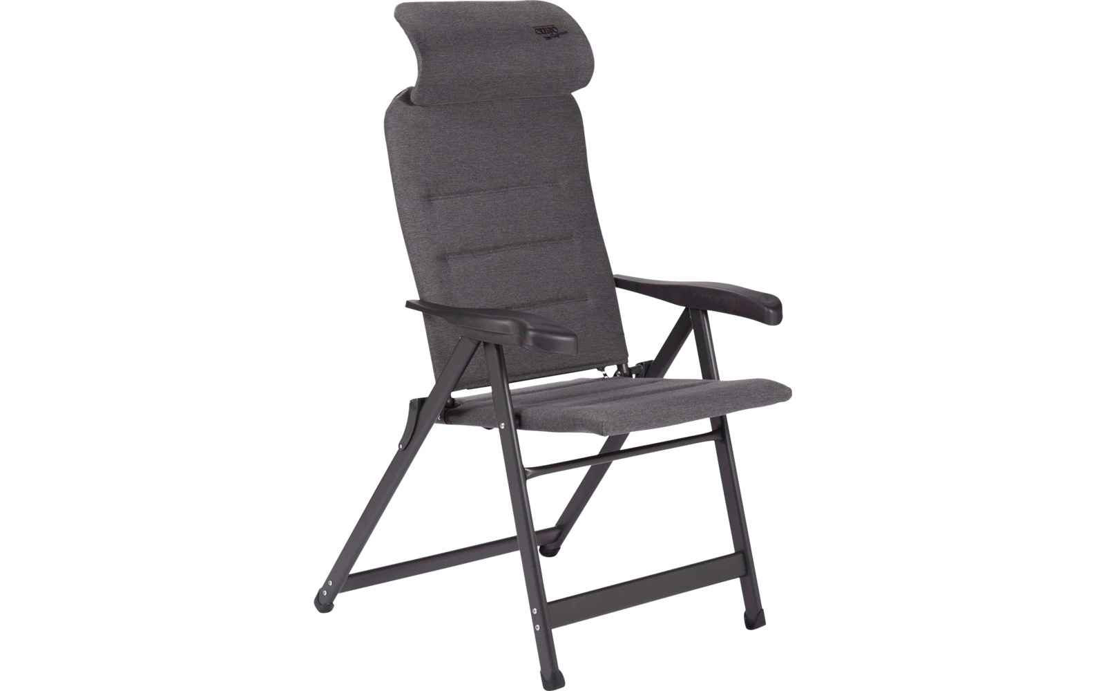 Gepolsterter grauer Klappsessel mit hoher Rückenlehne, Kopfkissen, Armlehnen und schwarzem Metallgestell