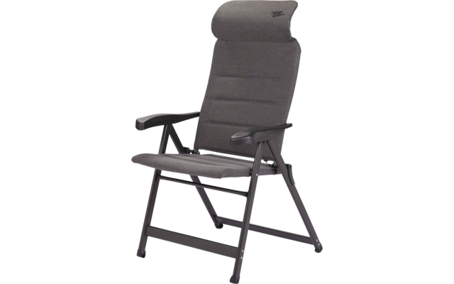 Grau gepolsterter Stuhl mit hoher Rückenlehne, Kopfstütze, Armlehnen und schwarzem Metallgestell