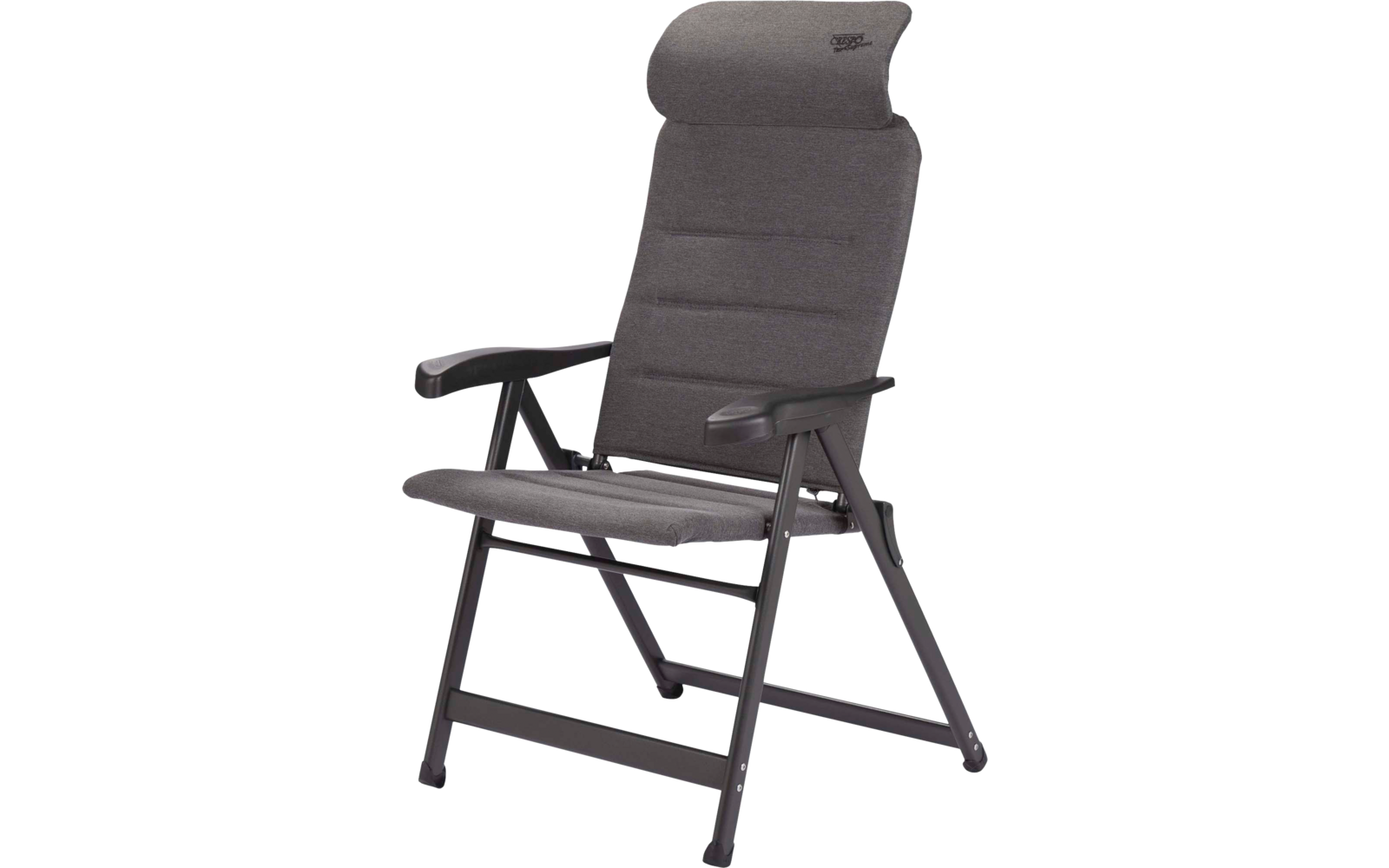 Grau gepolsterter Stuhl mit hoher Rückenlehne, Kopfstütze, Armlehnen und schwarzem Metallgestell