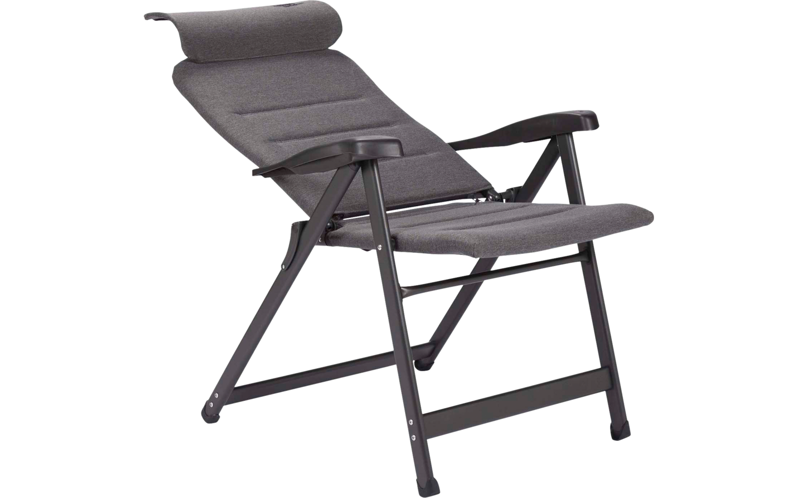Grauer gepolsterter Klappstuhl mit Nackenrolle und schwarzem Metallgestell
