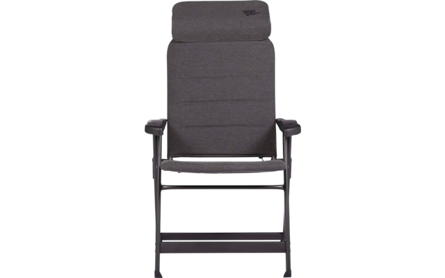 Grauer gepolsterter Stuhl mit hoher Rückenlehne und Kopfstütze, schwarzen Armlehnen und schwarzem Metallrahmen