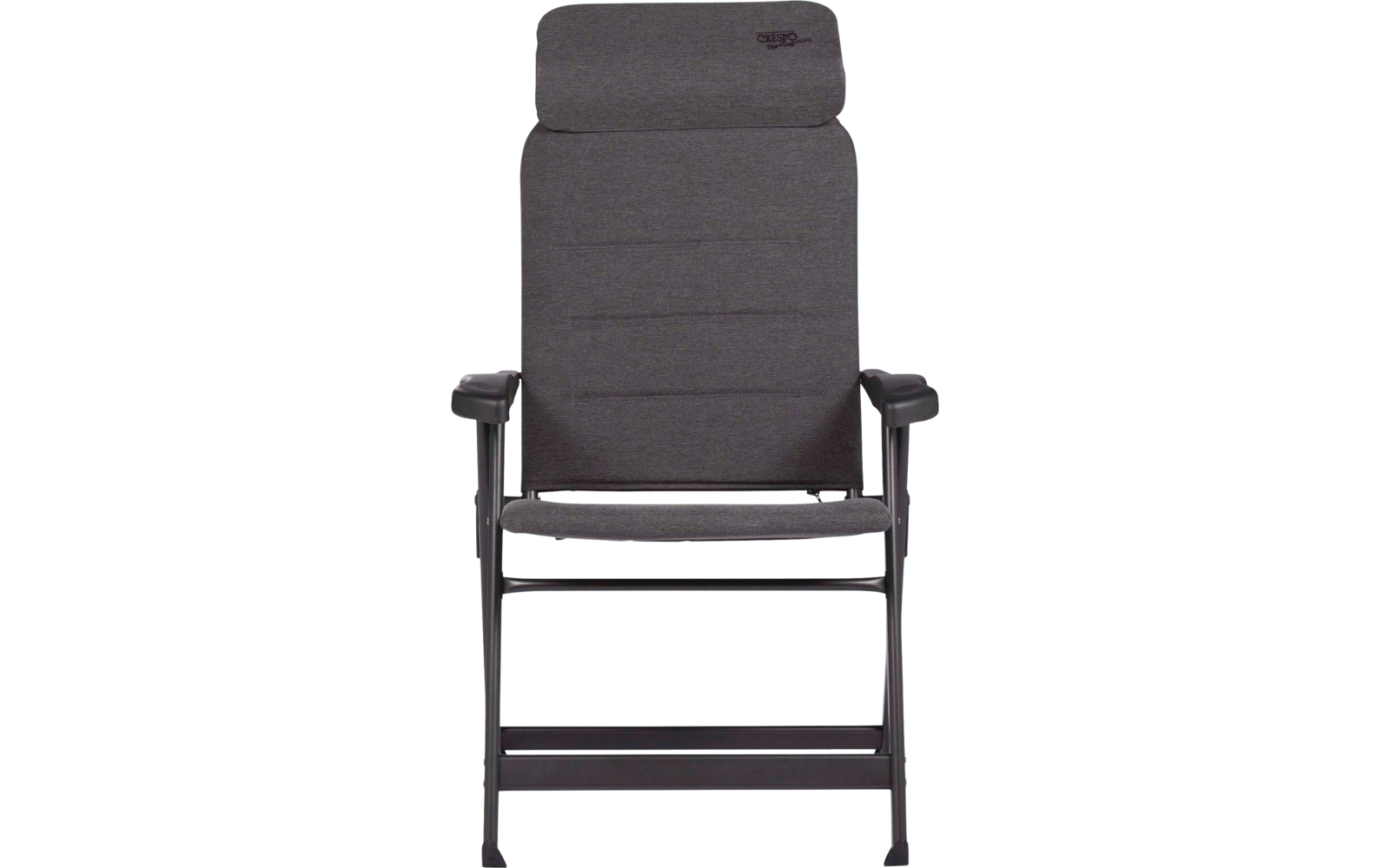 Grauer gepolsterter Stuhl mit hoher Rückenlehne und Kopfstütze, schwarzen Armlehnen und schwarzem Metallrahmen