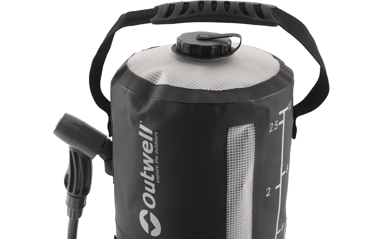 Schwarzer faltbarer Behälter mit Tragegriff, Schraubverschluss oben, seitlichem Ausguss mit Ventil, weiße Messskala und Markenaufdruck "Outwell"
