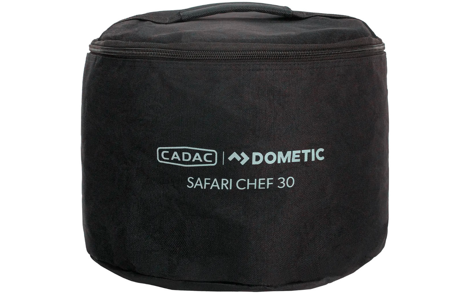 Runder schwarzer Aufbewahrungsbeutel mit Reißverschluss und Beschriftung "CADAC DOMETIC SAFARI CHEF 30"