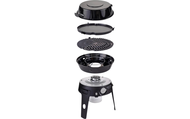 Vue éclatée d'un barbecue à gaz portable avec couvercle, grille, boîtier de brûleur et support