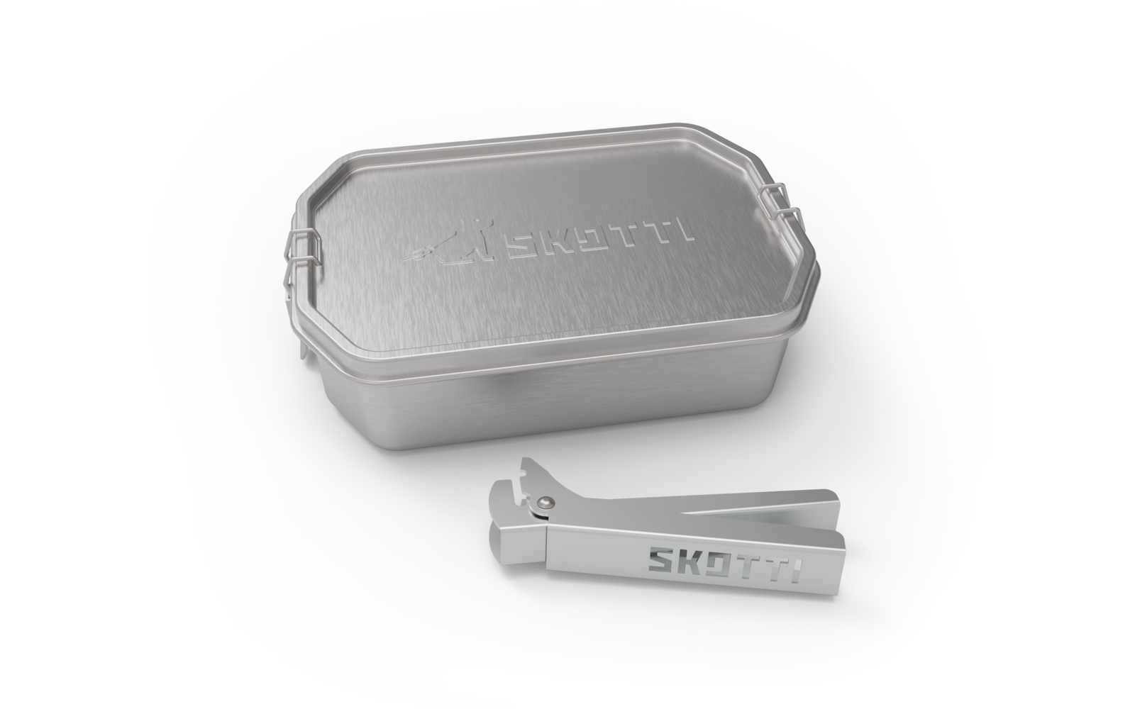 Silberne rechteckige Metallbox mit Deckel und weißem Kunststoffclip