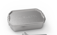 Silver rectangular metal box with lid and white plastic clip