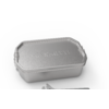 Silver rectangular metal box with lid and white plastic clip