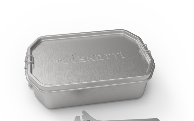 Silver rectangular metal box with lid and white plastic clip