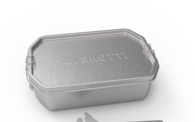 Silberne rechteckige Metallbox mit Deckel und weißem Kunststoffclip