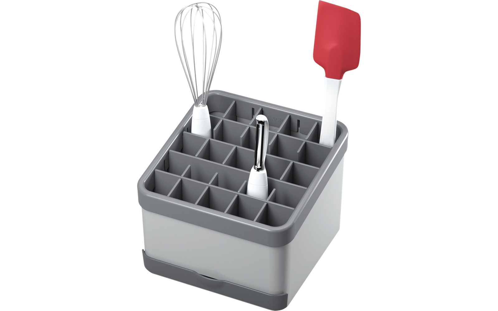 Graue Besteckhalterung mit Fächern, in denen ein Schneebesen und ein roter Silikonspatel stehen
