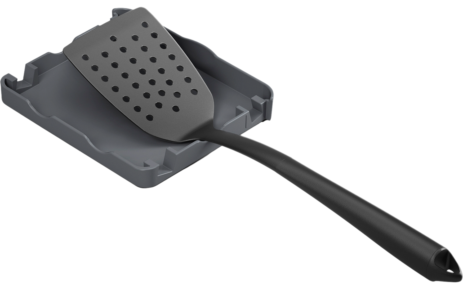 Grauer Küchenutensil mit langem schwarzem Griff und Löchern