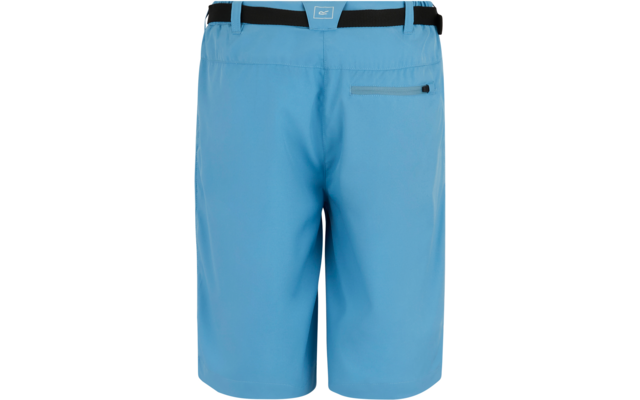 Rückenansicht hellblauer Shorts mit schwarzem Gürtel, Gürtelschlaufen und rechtsseitiger Reißverschlusstasche