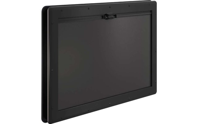 Panel rectangular negro con superficie oscura, marco perimetral y un pestillo en la parte superior central