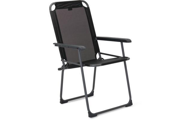Klappstuhl aus Metall mit schwarzer Sitzfläche und Armlehnen
