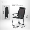 Chaise pliante noire avec armature métallique, dossier en maille et accoudoirs ; vignette montrant la vue pliée. Dimensions : hauteur 90 cm, pliée 68 cm, profondeur 45 cm, largeur 41 cm. En haut à gauche logo "Berger" et texte "Kompakt. Stabil. Komfortabel."