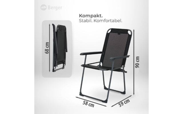 Chaise pliante noire avec armature métallique, dossier en maille et accoudoirs ; vignette montrant la vue pliée. Dimensions : hauteur 90 cm, pliée 68 cm, profondeur 45 cm, largeur 41 cm. En haut à gauche logo "Berger" et texte "Kompakt. Stabil. Komfortabel."