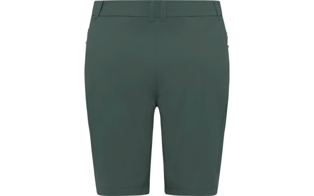 Frontansicht knielanger, dunkelgrüner Shorts mit Bund, Gürtelschlaufen und Seitentaschen
