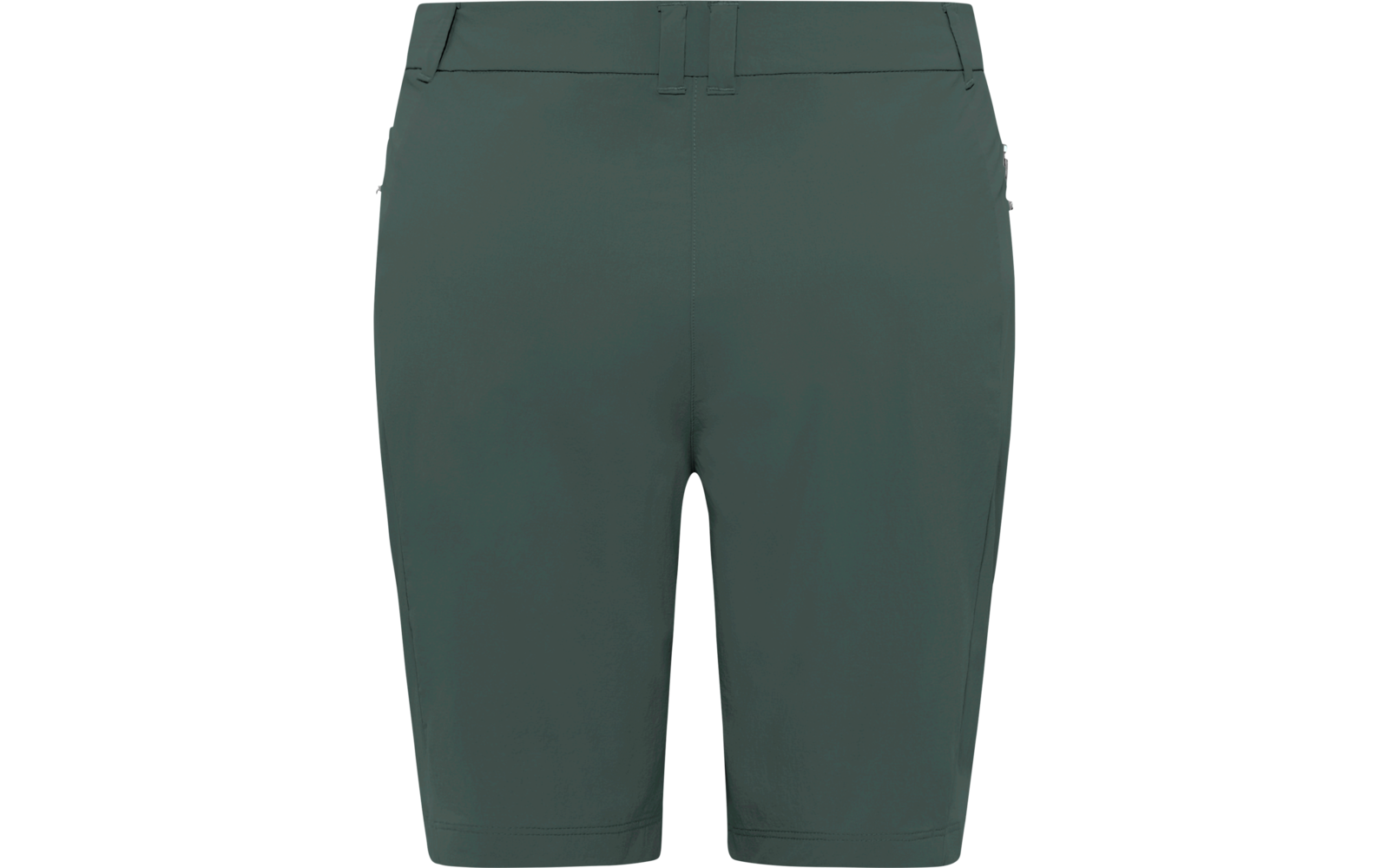 Frontansicht knielanger, dunkelgrüner Shorts mit Bund, Gürtelschlaufen und Seitentaschen