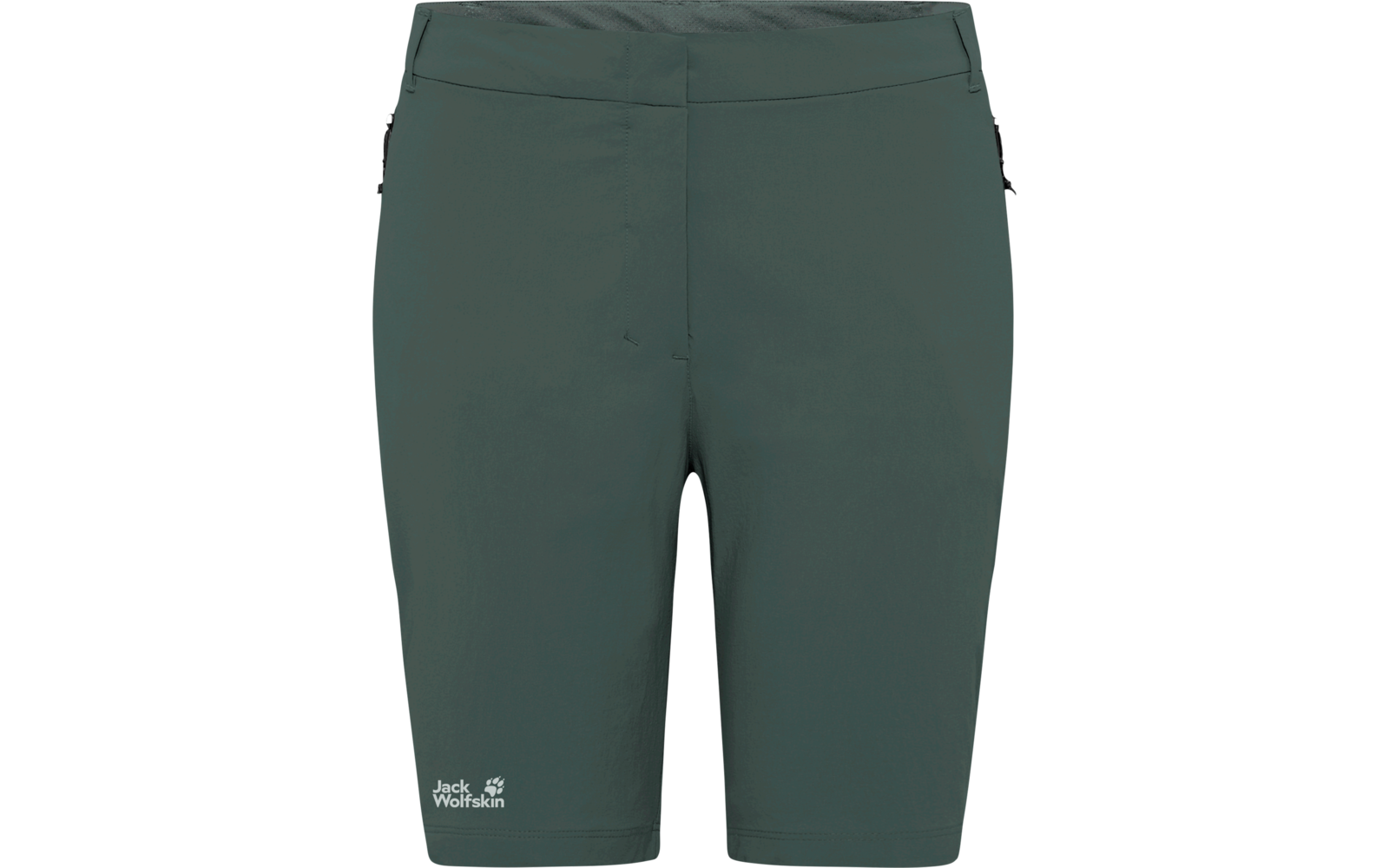 Dunkelgrüne knielange Shorts, Frontalansicht, elastischer Bund und Jack Wolfskin-Logo unten links