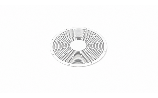Grille ronde avec fentes concentriques et six trous de vis sur fond blanc