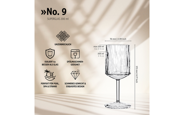 Weißer Hintergrund mit Schattenmustern; oben links Schrift »No. 9 SUPERGLAS 200 ml«; rechts eine strukturierte Stielglas-Illustration mit Maßangaben 76 mm | 2,99 inch oben, Höhe 272 mm | 10,7 inch und Markierungen 'max 250 ml' und '200 ml 6 ¾ oz'; li