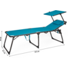 Sillón reclinable azul con toldo ajustable y patas de metal negro, dimensiones 183 cm de largo, 63 cm de ancho, 45 cm de alto