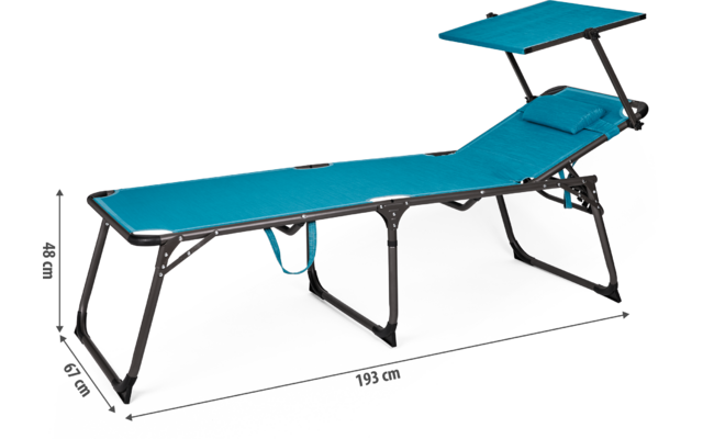 Sillón reclinable azul con toldo ajustable y patas de metal negro, dimensiones 183 cm de largo, 63 cm de ancho, 45 cm de alto