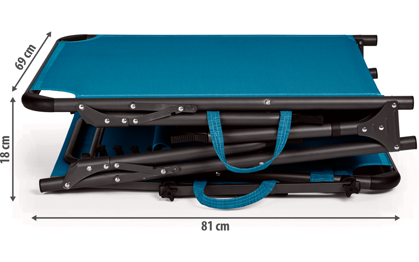 Cama plegable azul con dimensiones de 81 cm de ancho, 69 cm de largo y 18 cm de alto