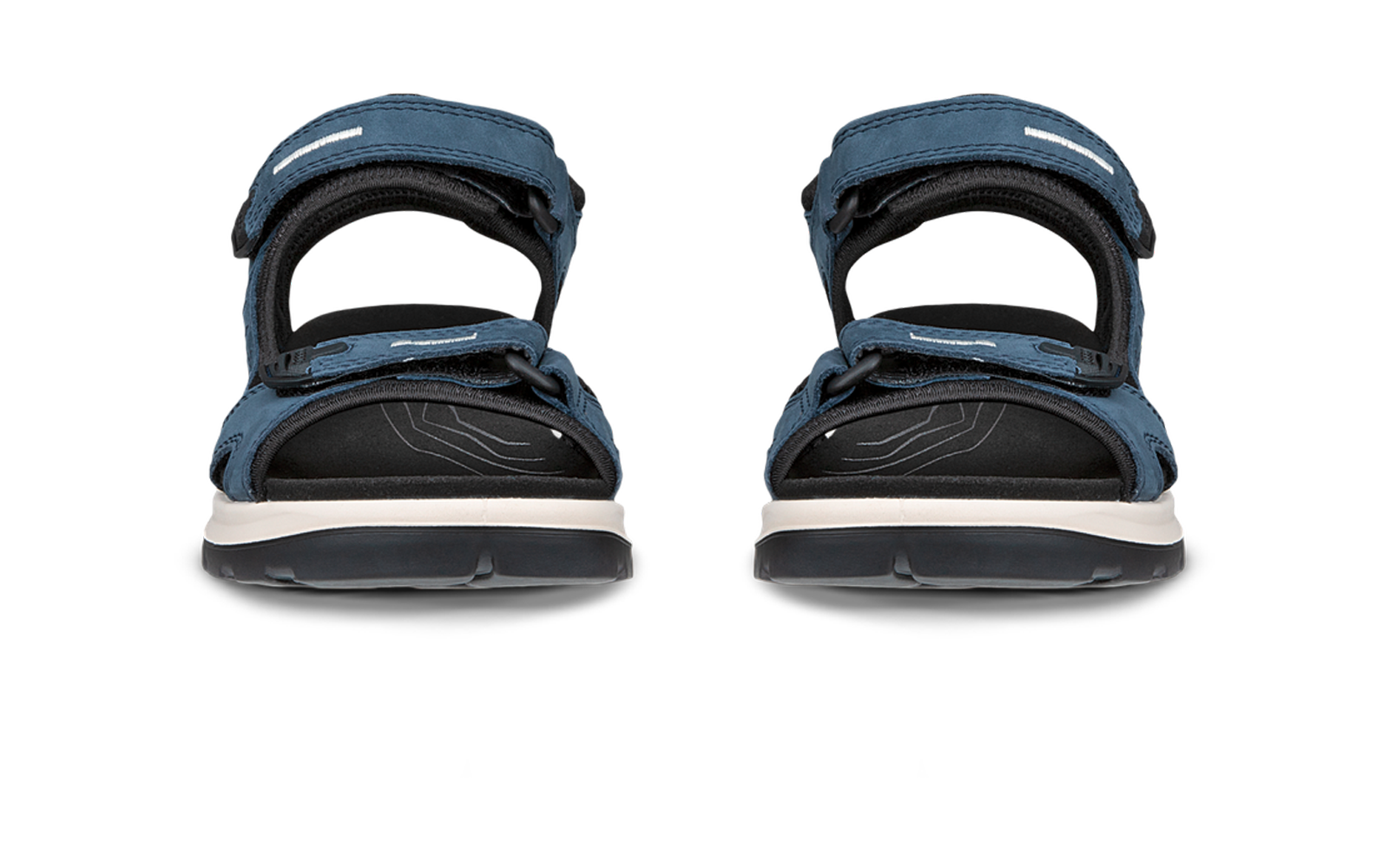 Deux sandales bleues, vue de face, orteils découverts, fermetures auto-agrippantes