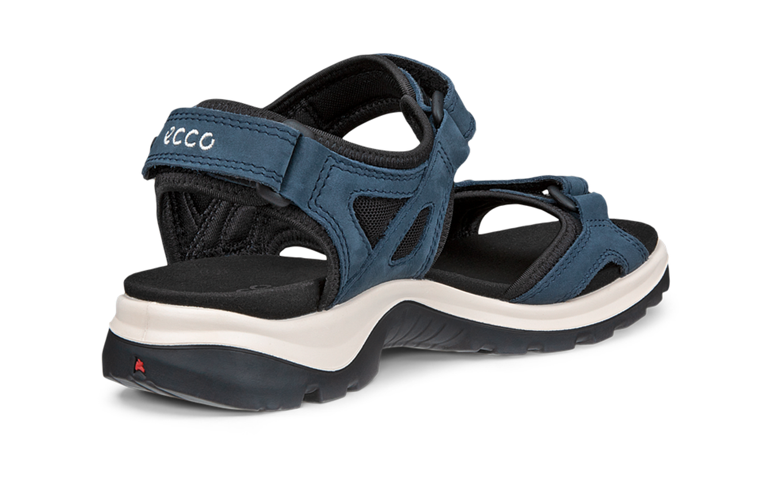 Sandale bleue avec trois brides réglables, logo ecco sur la bride du talon, semelle intercalaire blanche et semelle extérieure noire crantée