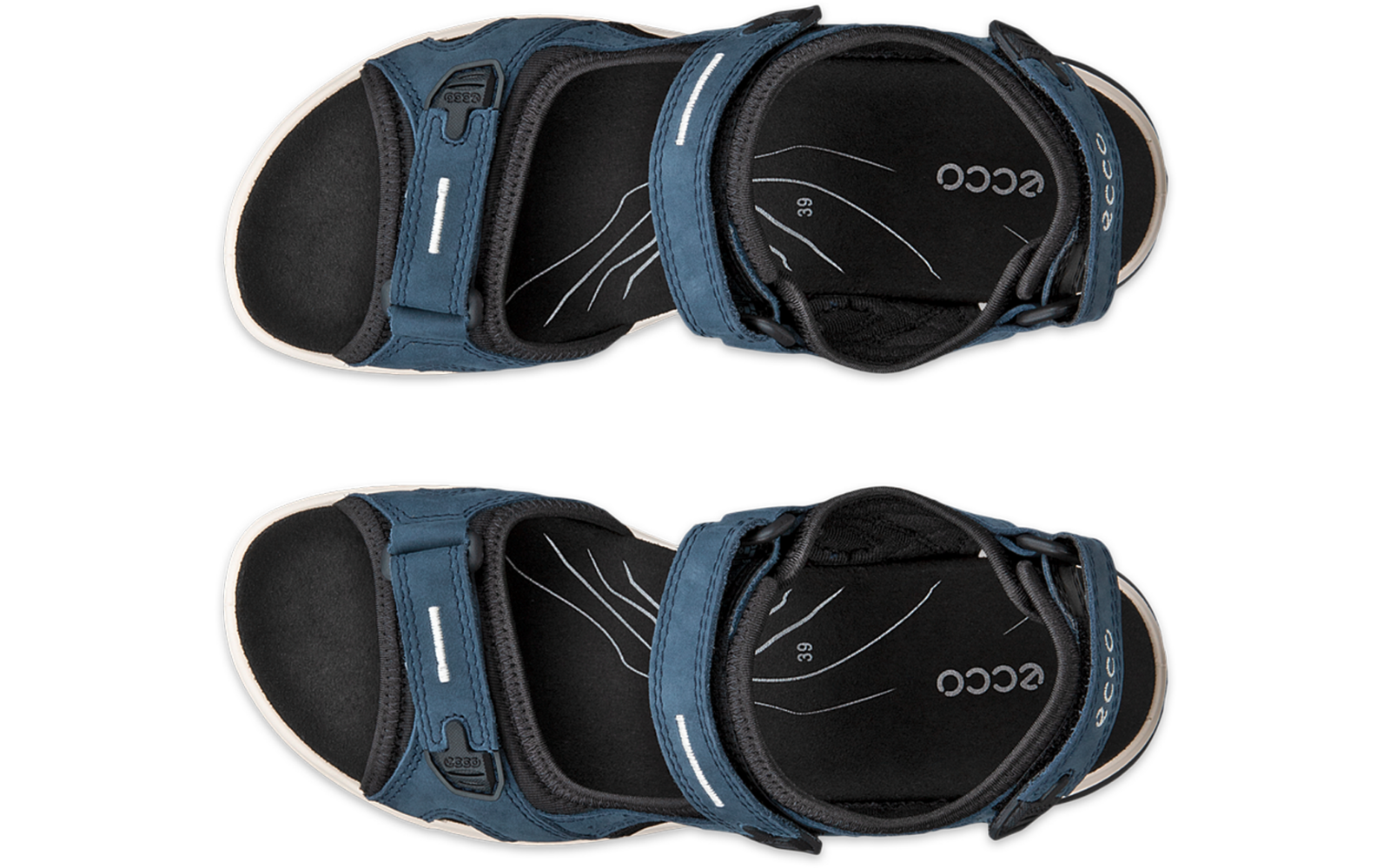 Deux sandales bleu foncé, vue de dessus, avec fermetures Velcro, semelles intérieures noires, logo blanc "ecco" sur les semelles et coutures blanches