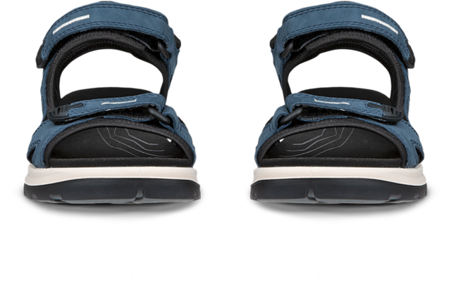 Deux sandales bleues, vue de face, orteils découverts, fermetures auto-agrippantes