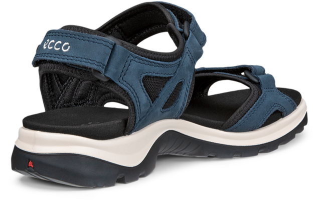 Sandale bleue avec trois brides réglables, logo ecco sur la bride du talon, semelle intercalaire blanche et semelle extérieure noire crantée