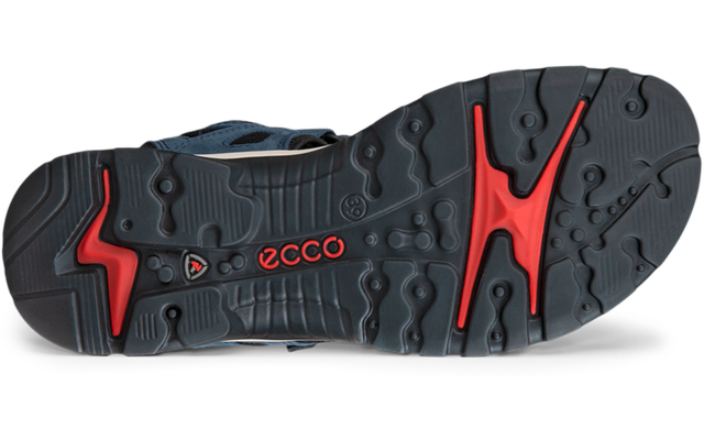 Dessous d'une semelle de chaussure de sport, profil foncé avec accents rouges et logo ecco visible