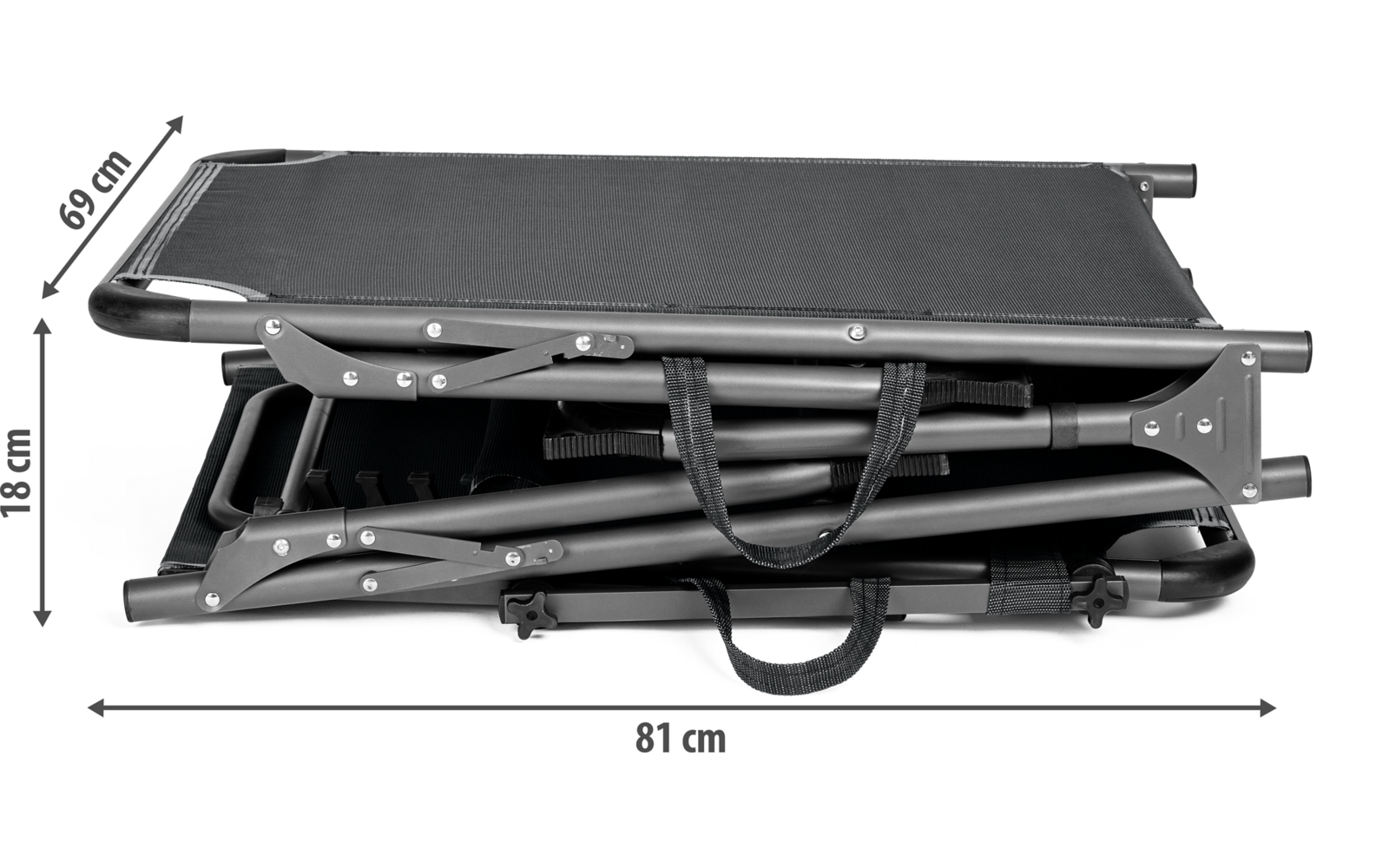 Cama plegable doblada con asas, medidas en centímetros visibles