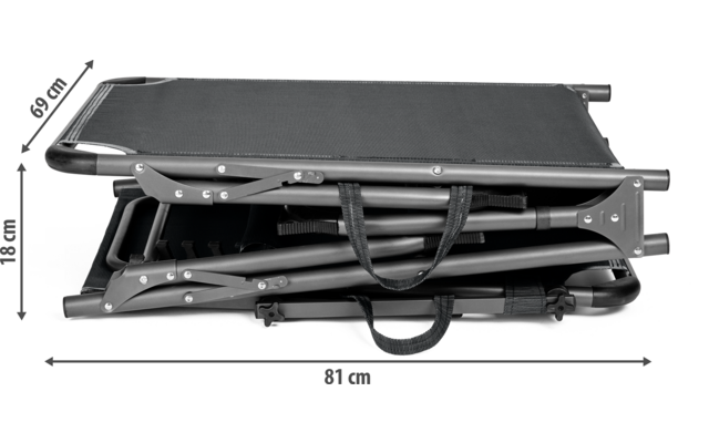 Zusammengeklappte, faltbare Liege mit Griffen, Maße in Zentimetern sichtbar