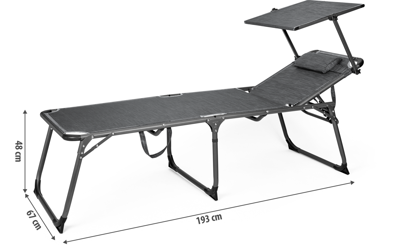 Schwarze Klappliege mit verstellbarer Rückenlehne, Maße 70 cm breit, 199 cm lang, 119 cm max. Höhe