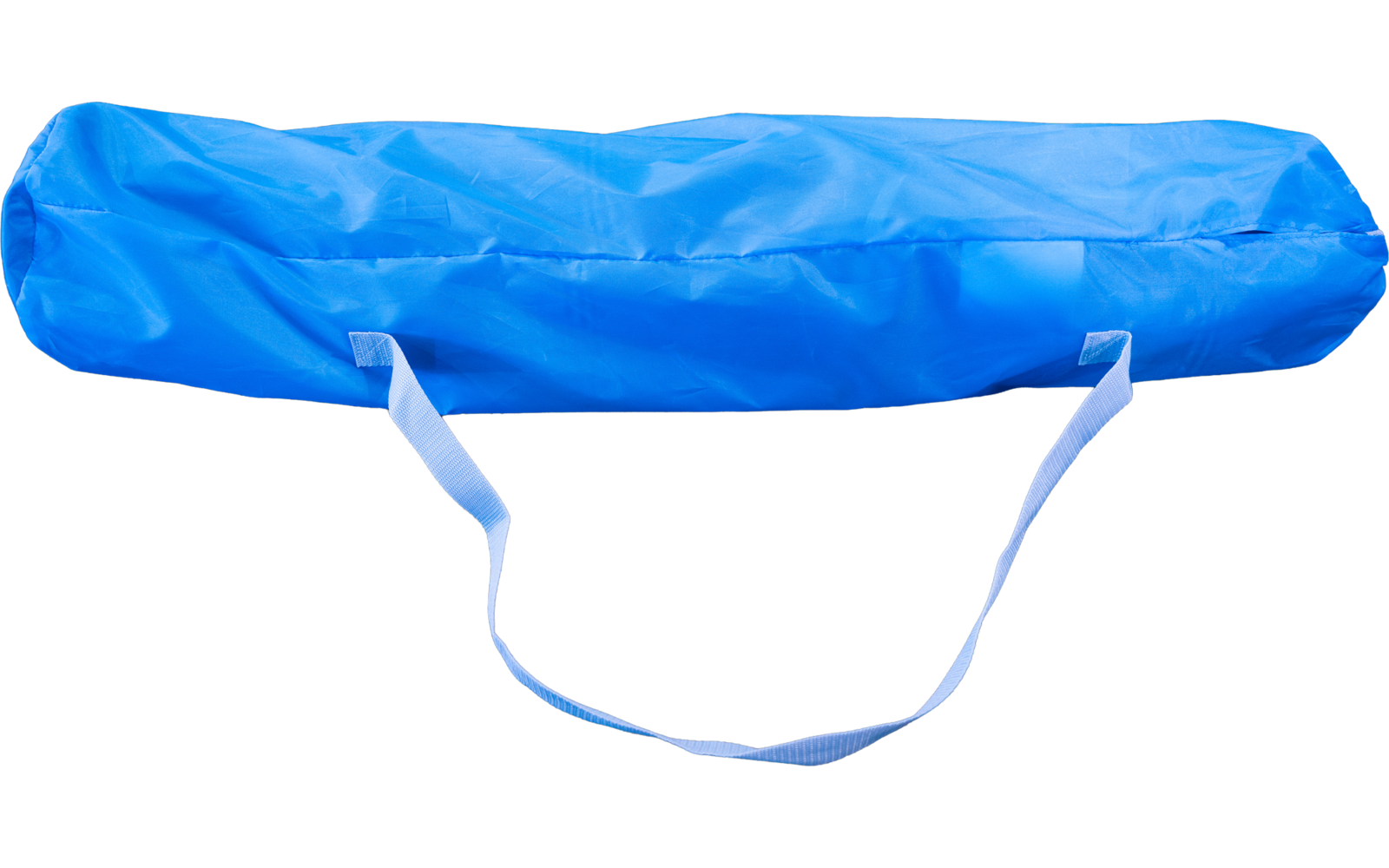 Zusammengerollter blauer Gegenstand in Hülle mit Tragegurt