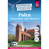 Reiseführer-Cover mit rotem Backsteinschloss mit Türmen unter blauem Himmel, Wohnmobil unten links, drei weiße runde Icons mit Wohnmobil-Symbolen rechts, blauer Banner mit weißer Schrift 'WOHNMOBIL TOURGUIDE', Titel 'Polen Ostseeküste und Masuren', r