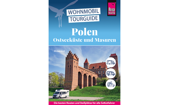 Reiseführer-Cover mit rotem Backsteinschloss mit Türmen unter blauem Himmel, Wohnmobil unten links, drei weiße runde Icons mit Wohnmobil-Symbolen rechts, blauer Banner mit weißer Schrift 'WOHNMOBIL TOURGUIDE', Titel 'Polen Ostseeküste und Masuren', r