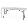 Mesa plegable blanca con patas de metal gris, dimensiones 180 cm por 76 cm